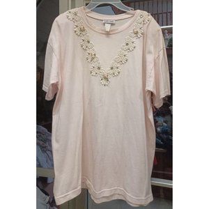 Vintage Womans Boho SS Top XL Pink Bobbie Brooks Heavily Decorated